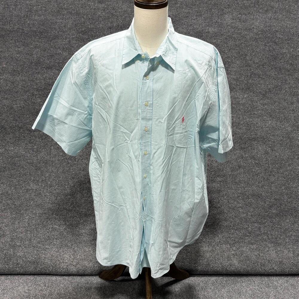 Ralph Lauren Shirt Mens 3XLT Blue Stripe Short Sleeve Button Front Pony Logo